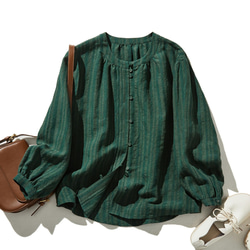 略帶條紋圖案的亞麻襯衫，色織布料，針褶，100% 亞麻，深綠色 240413-2 第1張的照片