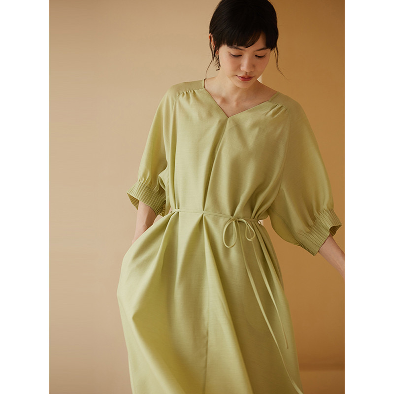 テンセルリネン混紡ワンピース　タックデザイン袖口　Vネック涼しいワンピース　青色　S-XL #537