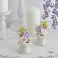 【小さめ仏花】2色の小菊のプリザーブドフラワードーム仏花、お供え花／お悔み 新盆／ガラスドーム取り外し可能／ペット用仏花 5枚目の画像