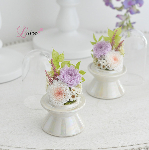 【小さめ仏花】2色の小菊のプリザーブドフラワードーム仏花、お供え花／お悔み 新盆／ガラスドーム取り外し可能／ペット用仏花 2枚目の画像