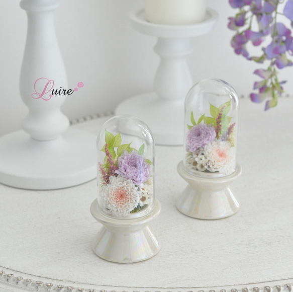 【小さめ仏花】2色の小菊のプリザーブドフラワードーム仏花、お供え花／お悔み 新盆／ガラスドーム取り外し可能／ペット用仏花 1枚目の画像
