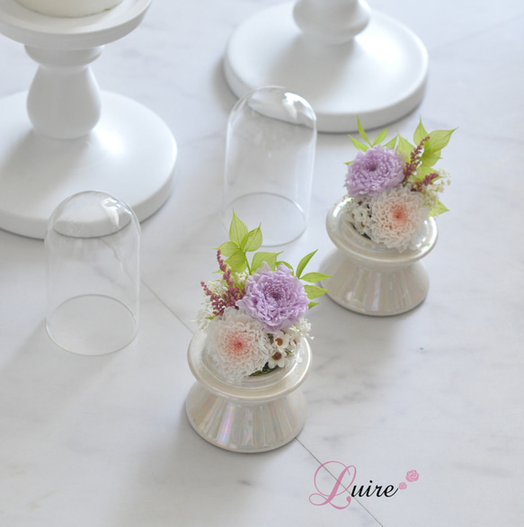 【小さめ仏花】2色の小菊のプリザーブドフラワードーム仏花、お供え花／お悔み 新盆／ガラスドーム取り外し可能／ペット用仏花 7枚目の画像