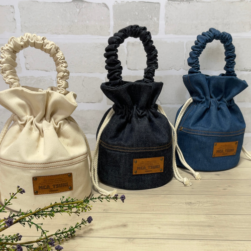 12ｵﾝｽデニム】ギャザーワンハンドル巾着トートBag（ﾌﾞﾙｰ