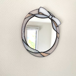 新作✧  『 りぼんの壁掛け鏡⑅⋈ 』　ピーチピンク　ステンドグラス 4枚目の画像
