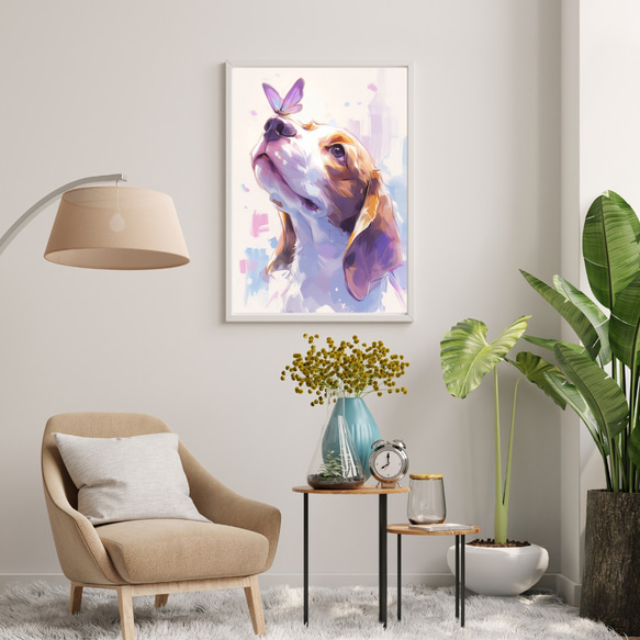 【蝶犬戯舞 - ビーグル犬 No.3】春・蝶・アートポスター・犬の絵・犬の絵画・犬のイラスト 7枚目の画像
