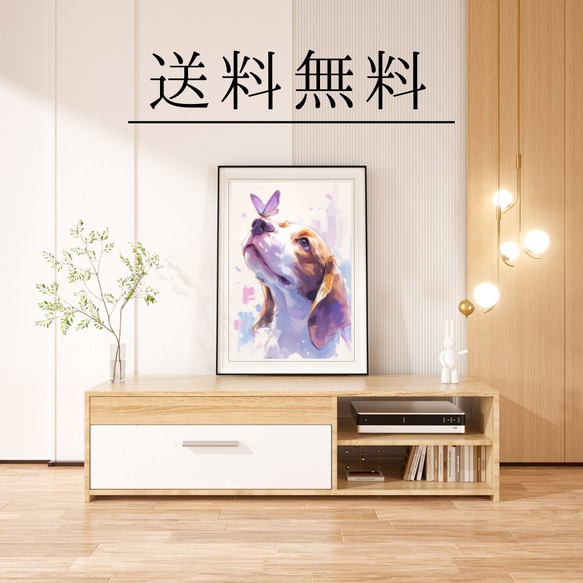 【蝶犬戯舞 - ビーグル犬 No.3】春・蝶・アートポスター・犬の絵・犬の絵画・犬のイラスト 4枚目の画像