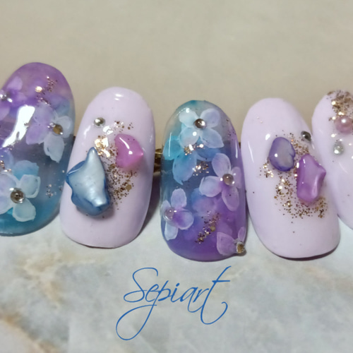 ジェルネイルチップ☆付け爪☆紫陽花ネイル☆藤色☆梅雨ネイル