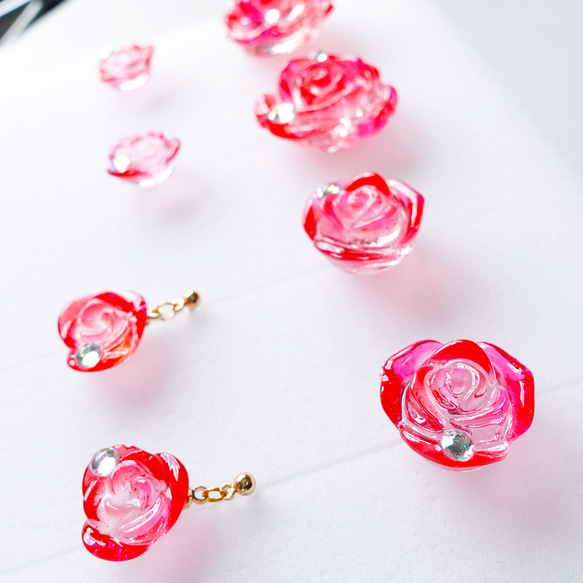 ｢kawaii pink rose B｣28【イヤリング(ピアス交換可)】ピンク ローズ バラ 赤 かわいい きれい 美 8枚目の画像