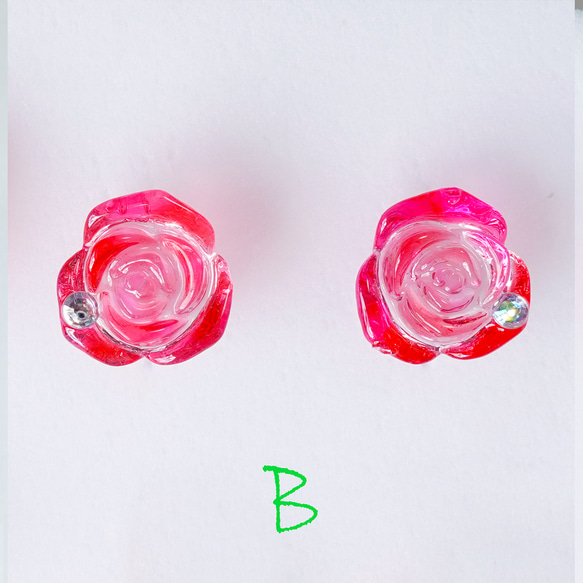 ｢kawaii pink rose B｣28【イヤリング(ピアス交換可)】ピンク ローズ バラ 赤 かわいい きれい 美 1枚目の画像