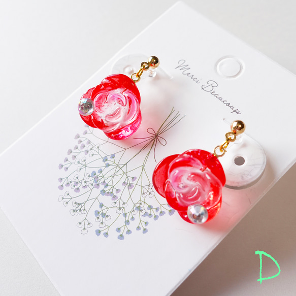 ｢kawaii pink rose D｣28【イヤリング(ピアス交換可)】ピンク ローズ バラ 赤 かわいい きれい 美 1枚目の画像