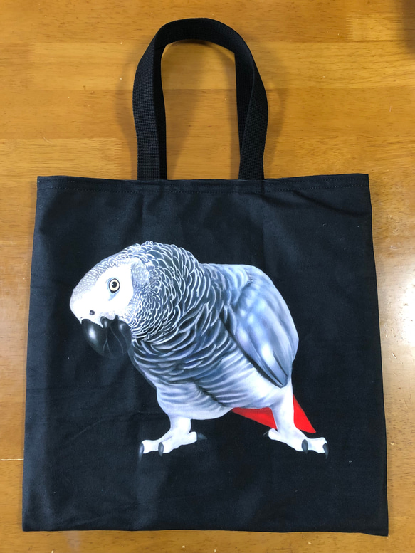 ハンドメイド 鳥柄ぺたんこBigトートバッグ ヨウム 1枚目の画像