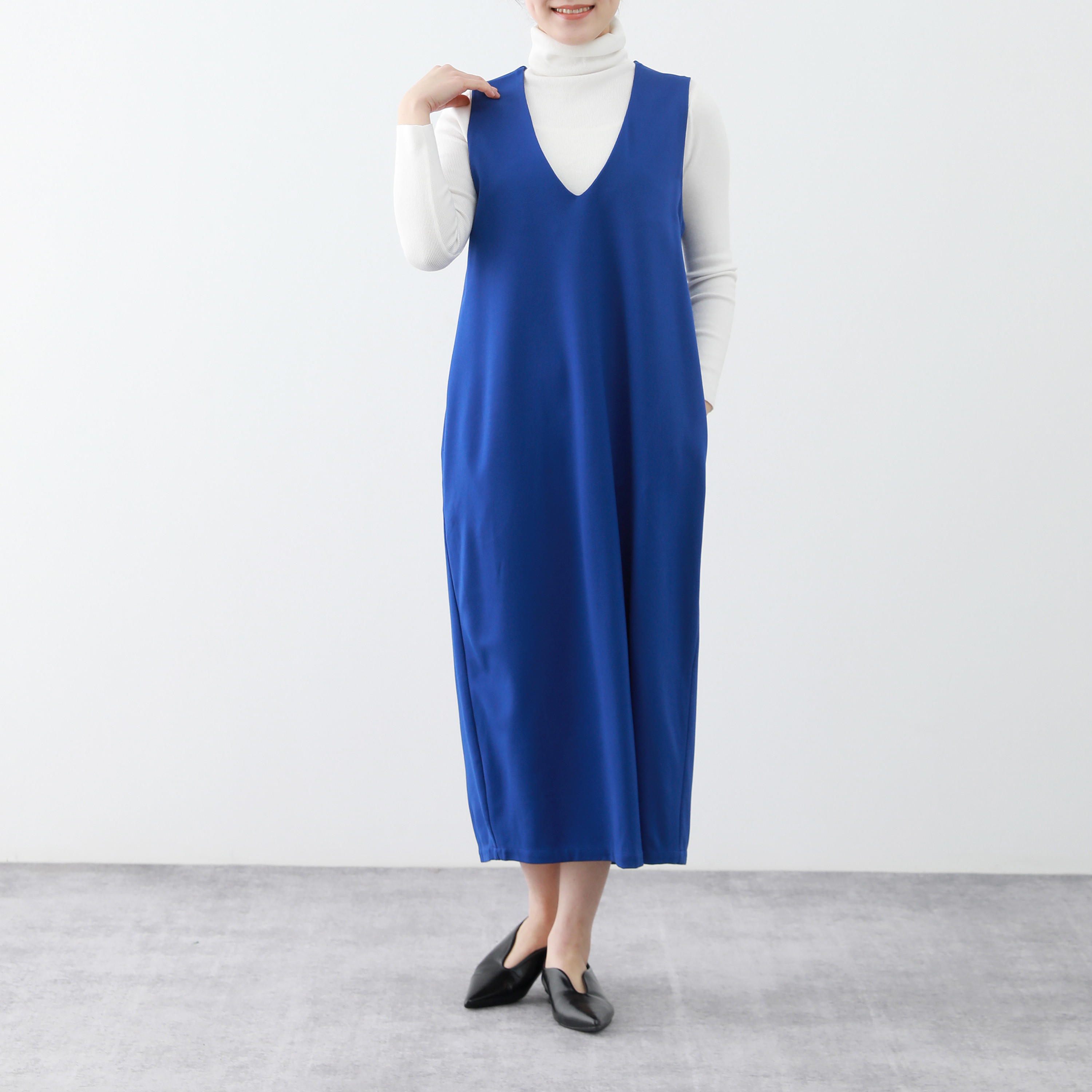 裾上げ無料♪サイズオーダー可♪全18色　コットンストレッチ　Vネック　ロングワンピース