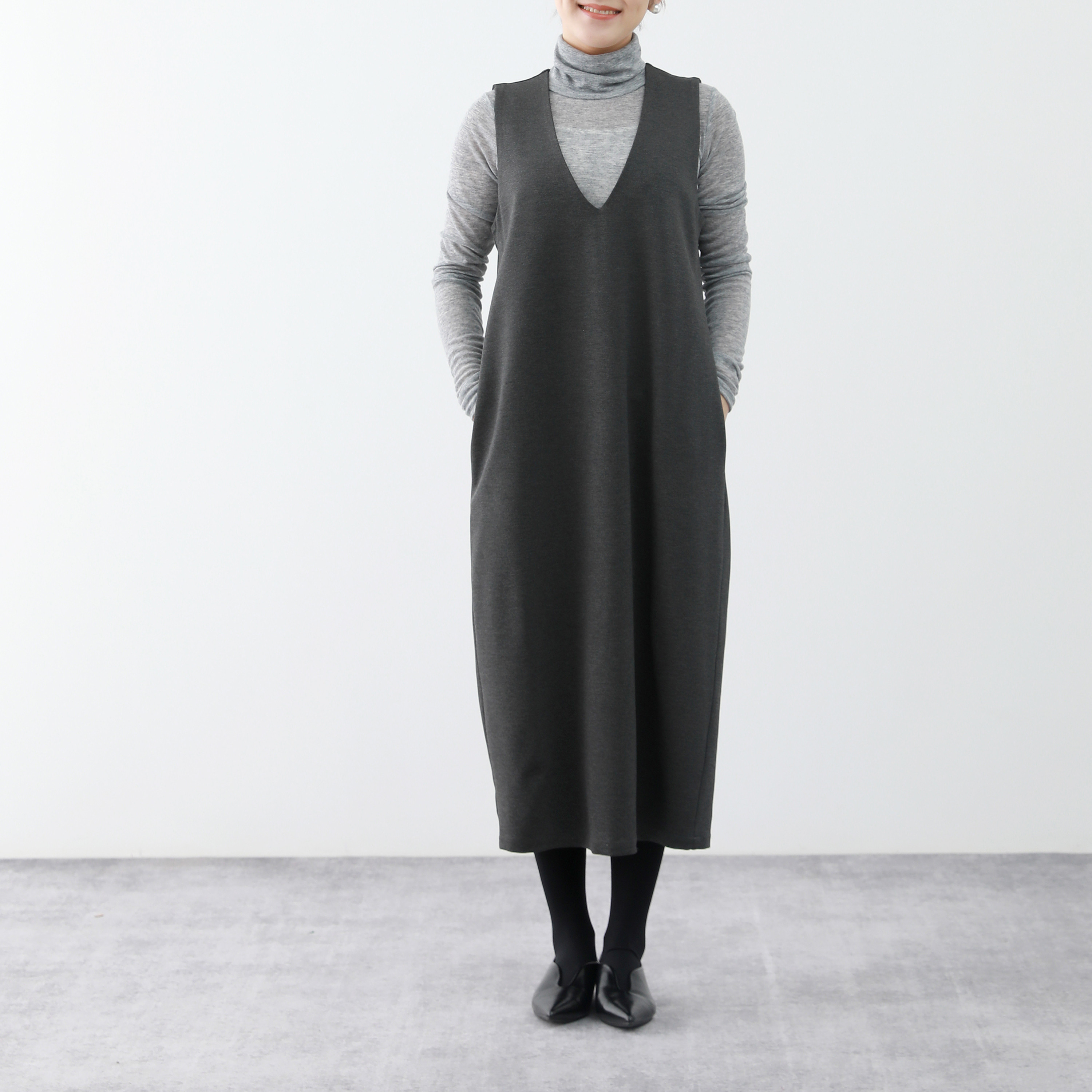 裾上げ無料♪サイズオーダー可♪全18色　コットンストレッチ　Vネック　ロングワンピース