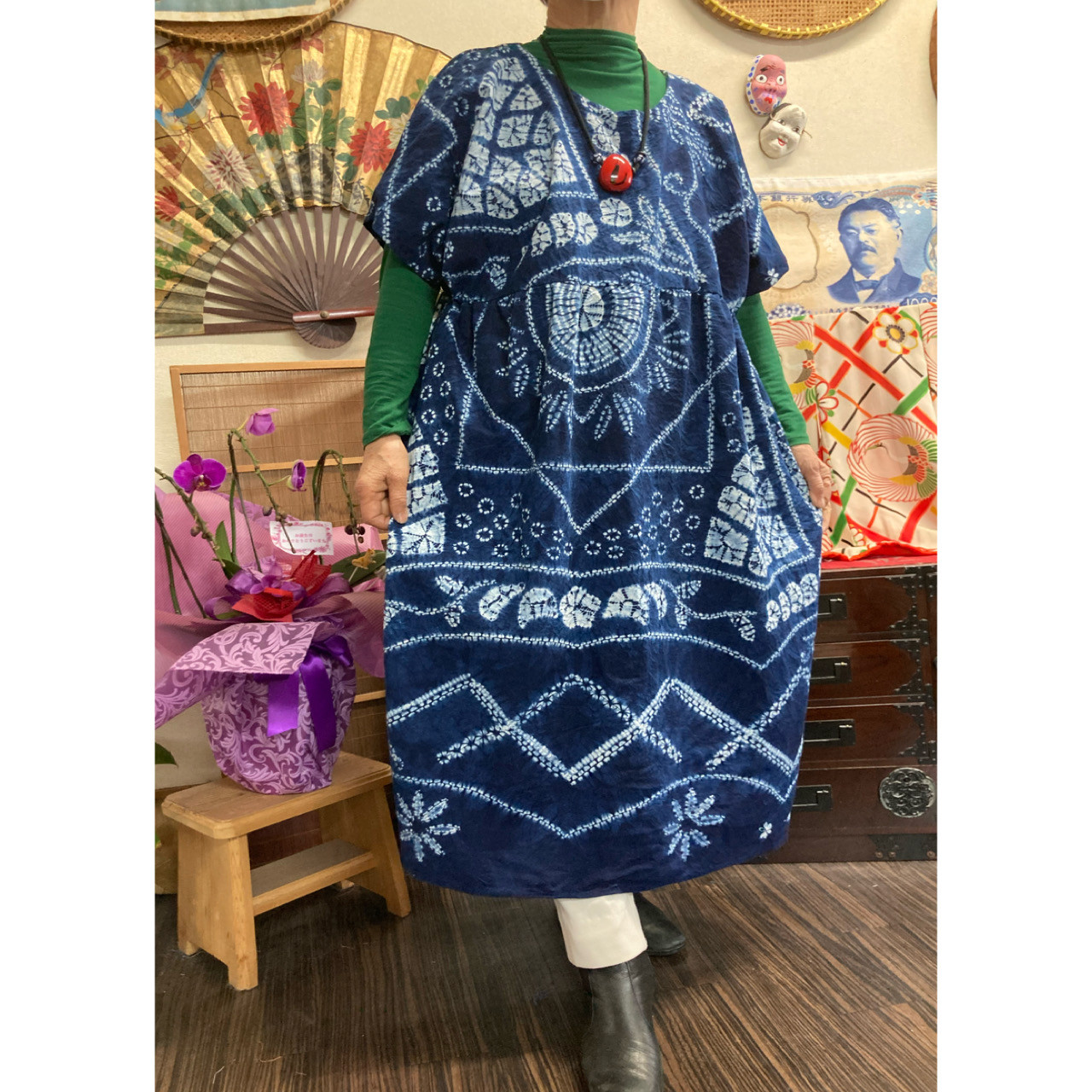 アンティーク有松絞り藍染絞り四角服チュニック 裾ゴム