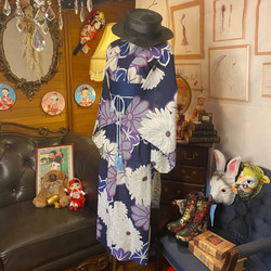 和洋折衷 浴衣 リメイク ワンピース ドレス 帯サッシュベルト レトロ 古着 和 モダン  W-264 4枚目の画像