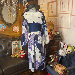 和洋折衷 浴衣 リメイク ワンピース ドレス 帯サッシュベルト レトロ 古着 和 モダン  W-264 5枚目の画像