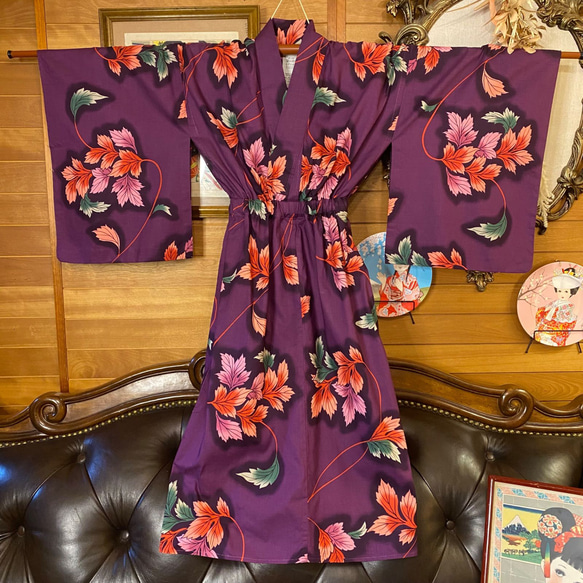 和洋折衷 浴衣 リメイク ワンピース ドレス 名古屋帯サッシュベルト レトロ 古着 和 モダン W-266 6枚目の画像