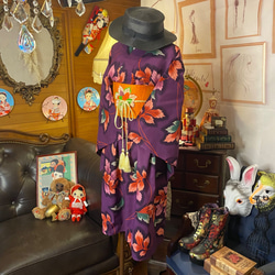 和洋折衷 浴衣 リメイク ワンピース ドレス 名古屋帯サッシュベルト レトロ 古着 和 モダン W-266 4枚目の画像