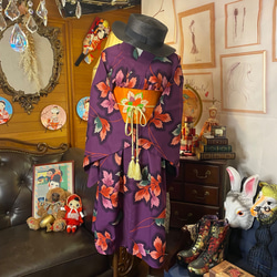 和洋折衷 浴衣 リメイク ワンピース ドレス 名古屋帯サッシュベルト レトロ 古着 和 モダン W-266 3枚目の画像