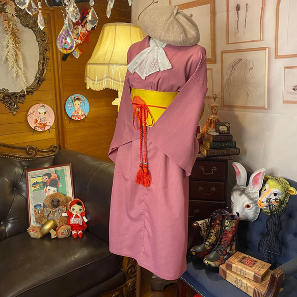 和洋折衷 夏着物リメイク ワンピース ドレス 名古屋帯サッシュベルト レトロ 古着 和 モダン SKW-9 4枚目の画像