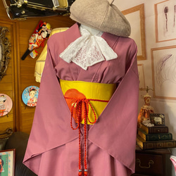 和洋折衷 夏着物リメイク ワンピース ドレス 名古屋帯サッシュベルト レトロ 古着 和 モダン SKW-9 2枚目の画像