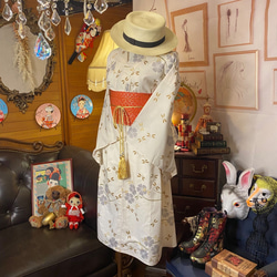 和洋折衷 浴衣 リメイク ワンピース ドレス 帯サッシュベルト レトロ 古着 和 モダン W-267 3枚目の画像