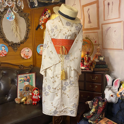 和洋折衷 浴衣 リメイク ワンピース ドレス 帯サッシュベルト レトロ 古着 和 モダン W-267 2枚目の画像