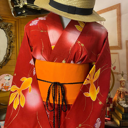 和洋折衷 浴衣 リメイク ワンピース ドレス 帯サッシュベルト レトロ 古着 和 モダンW-268 2枚目の画像