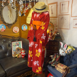 和洋折衷 浴衣 リメイク ワンピース ドレス 帯サッシュベルト レトロ 古着 和 モダンW-268 4枚目の画像