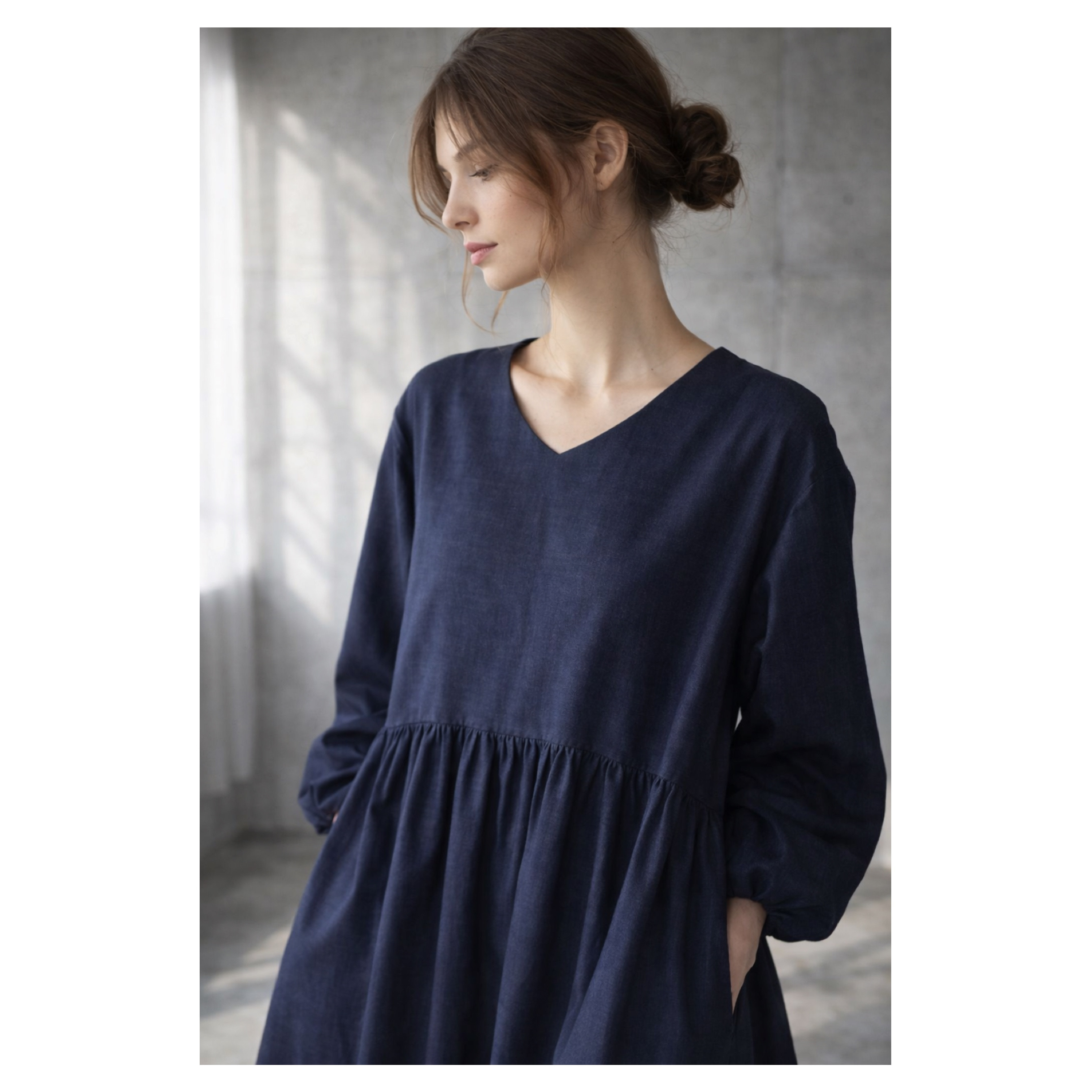 岡山県児島デニムで魅せる、ギャザーたっぷりVネックワンピース／8オンスくったりソフトデニムワンピース／インディゴ