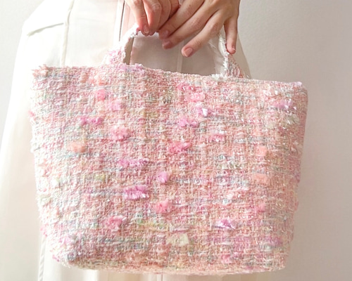 マチ広めトートバッグ ピンク ツイード さくら色 ご褒美 プレゼント
