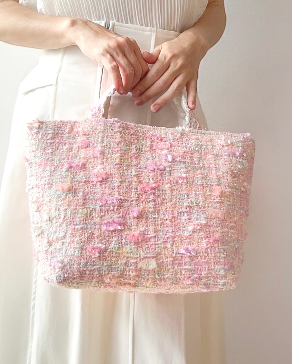 マチ広めトートバッグ ピンク ツイード さくら色 ご褒美 プレゼント