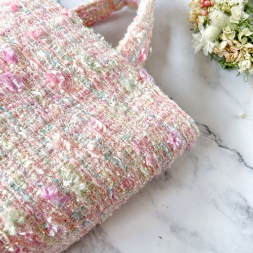 マチ広めトートバッグ ピンク ツイード さくら色 ご褒美 プレゼント