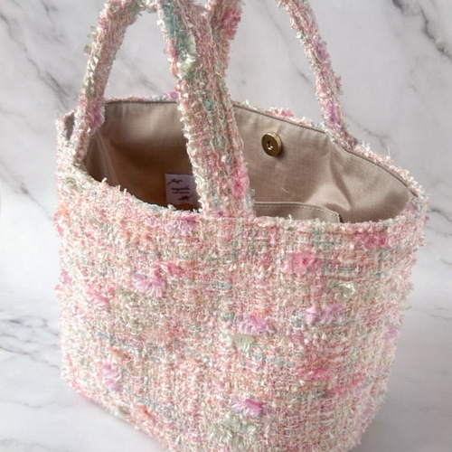 マチ広めトートバッグ ピンク ツイード さくら色 ご褒美 プレゼント