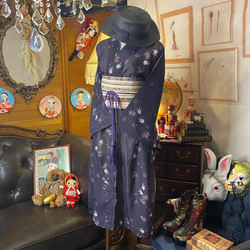 和洋折衷 浴衣 リメイク ワンピース ドレス 帯サッシュベルト レトロ 古着 和   W-271 3枚目の画像