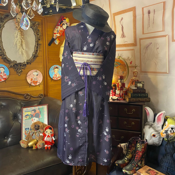 和洋折衷 浴衣 リメイク ワンピース ドレス 帯サッシュベルト レトロ 古着 和   W-271 4枚目の画像