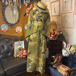 和洋折衷 浴衣 リメイク ワンピース ドレス 帯サッシュベルト レトロ 古着 和 モダン W-272 3枚目の画像