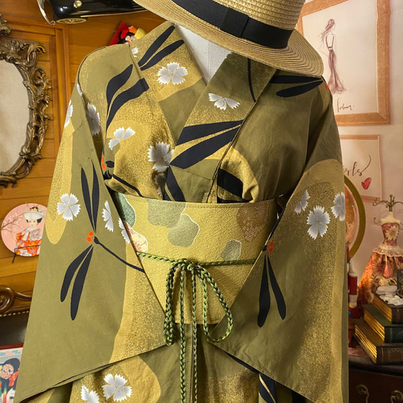 和洋折衷 浴衣 リメイク ワンピース ドレス 帯サッシュベルト レトロ 古着 和 モダン W-272 2枚目の画像