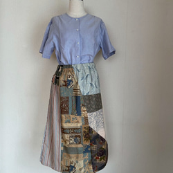藍色MODA棉質拼接梯形裙 第2張的照片