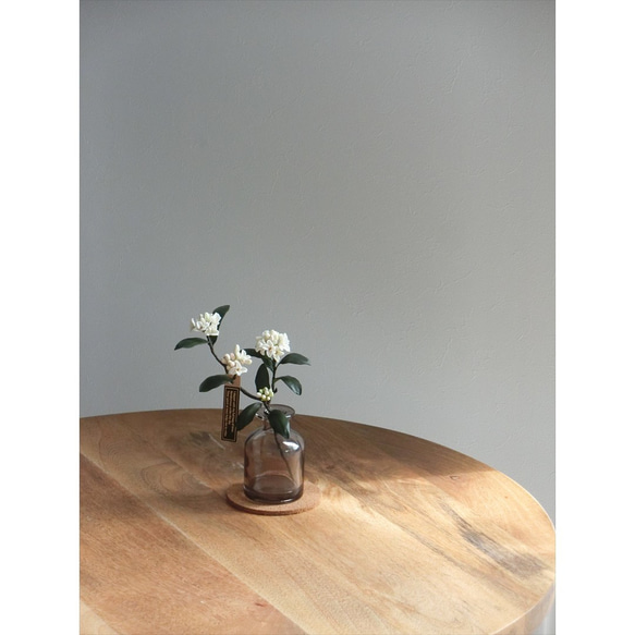 ✿【 粘土置物 】「大人に香る魅力。ダークグリーンの葉に映える」沈丁花の花枝（ホワイト） No.1 ／ 花瓶付き 10枚目の画像