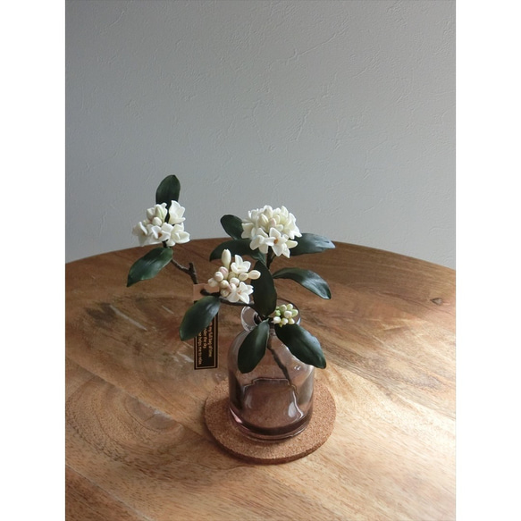 ✿【 粘土置物 】「大人に香る魅力。ダークグリーンの葉に映える」沈丁花の花枝（ホワイト） No.1 ／ 花瓶付き 4枚目の画像