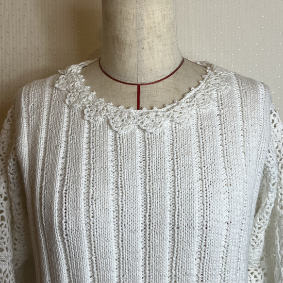 ［送料無料］白いコットン糸で手編みしたサマーセーター 3枚目の画像