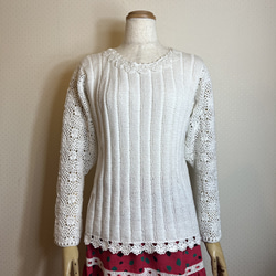 ［送料無料］白いコットン糸で手編みしたサマーセーター 2枚目の画像
