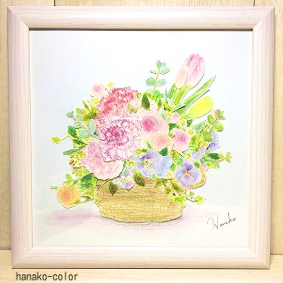 カーネーションと春の花かごコラージュ♪水彩イラスト原画木製フレーム 3枚目の画像