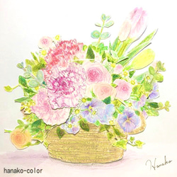 カーネーションと春の花かごコラージュ♪水彩イラスト原画木製フレーム 2枚目の画像