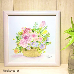 カーネーションと春の花かごコラージュ♪水彩イラスト原画木製フレーム 1枚目の画像