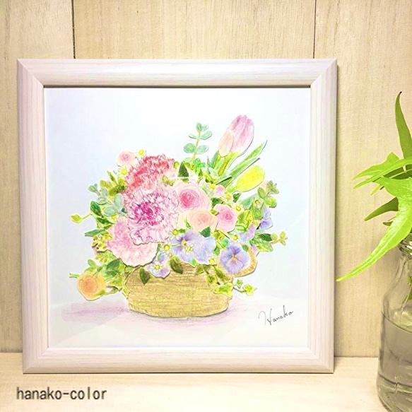 カーネーションと春の花かごコラージュ♪水彩イラスト原画木製フレーム 1枚目の画像