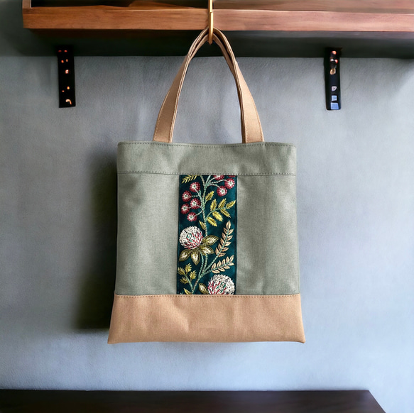 【ワケあり・数量限定】インド刺繍×帆布 ミニトートバッグ〈グリーン系〉 1枚目の画像