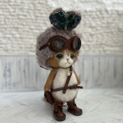 Kさま　ご予約商品　うさみみ帽子のごーぐるにゃんこ 羊毛フェルト ねこ ぬいぐるみ 4枚目の画像