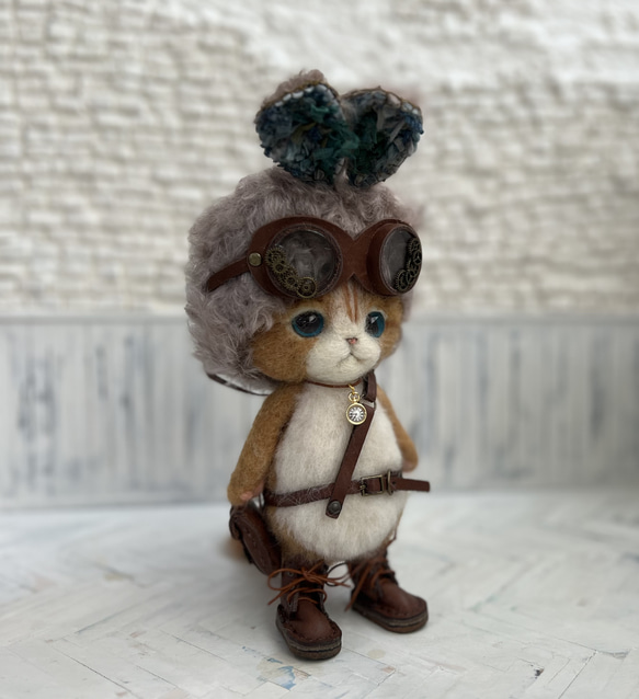 Kさま　ご予約商品　うさみみ帽子のごーぐるにゃんこ 羊毛フェルト ねこ ぬいぐるみ 4枚目の画像